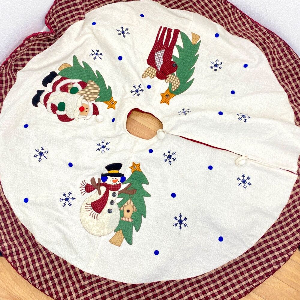 Christmas Tree Skirt 48" Appliquéd Santa Snowman Reindeer Plaid Trim Lined